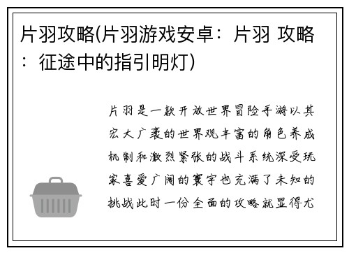 片羽攻略(片羽游戏安卓：片羽 攻略：征途中的指引明灯)